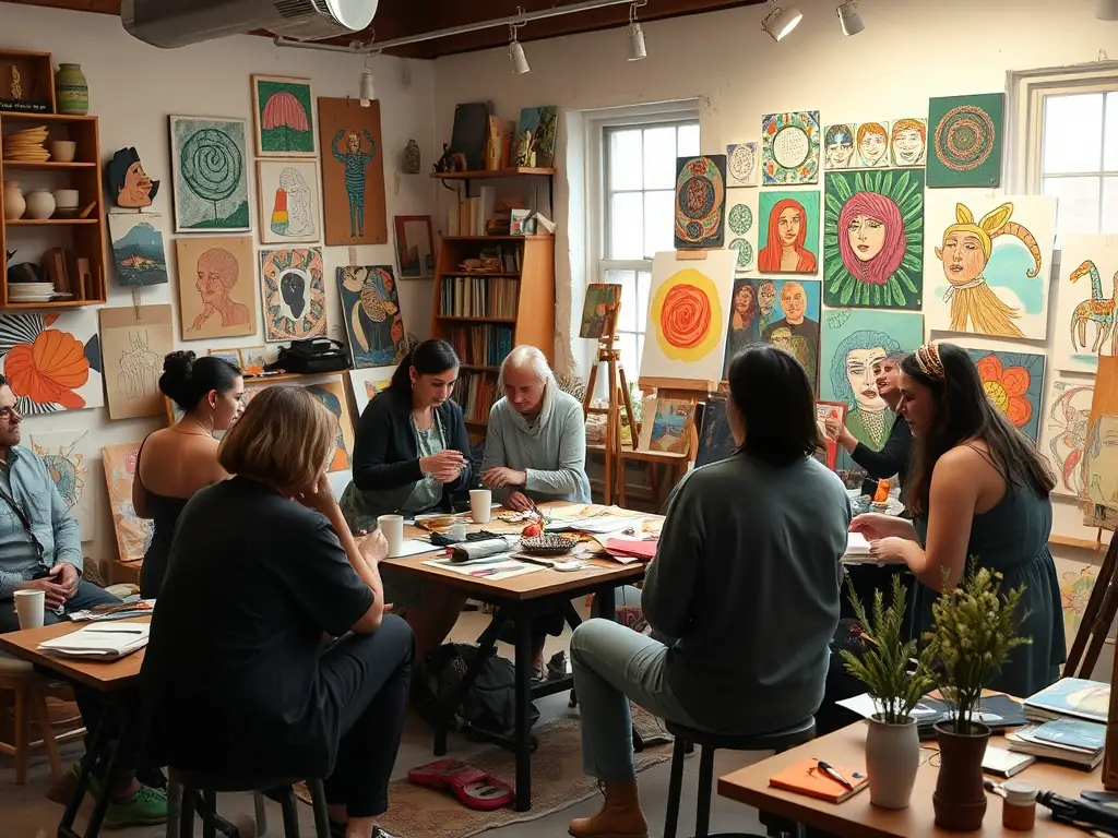 A photograph capturing a diverse group of artists participating in a workshop, showcasing the collaborative and educational aspect of Eighty Production's programs.