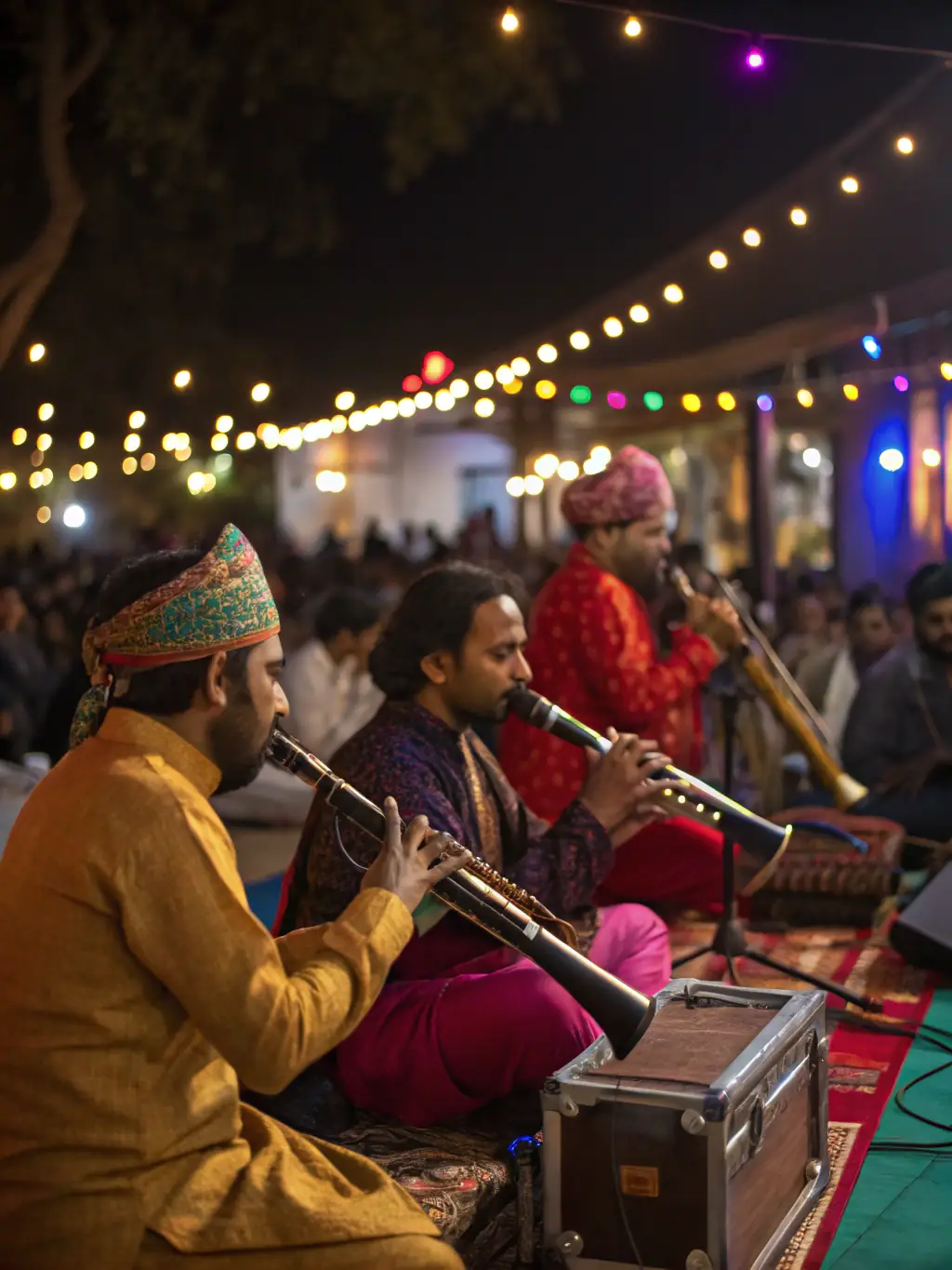 A photograph of musicians performing at a cultural event organized by EIGHTY PRODUCTION, highlighting the diverse range of musical genres and cultural expressions.